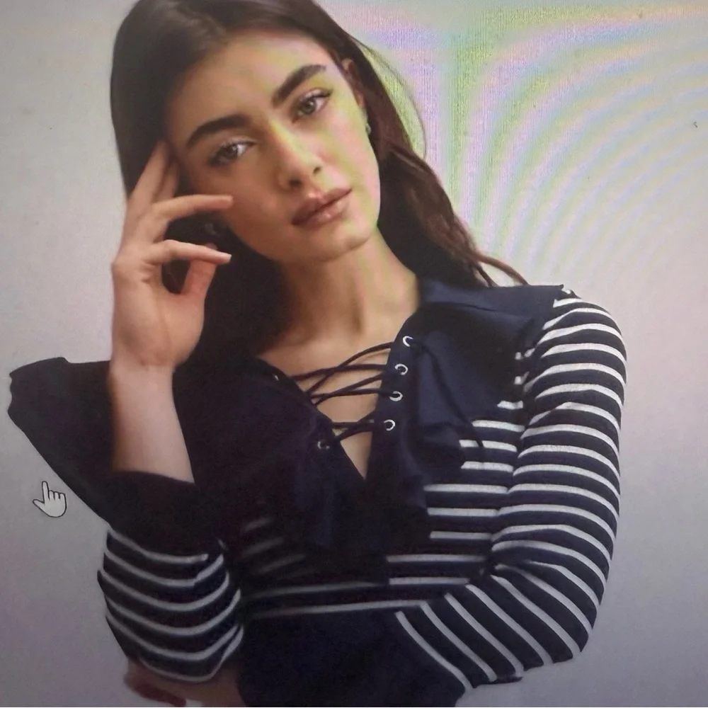 Anne Fontaine Navy and White Striped Lace-Up coquillage Top, size Medium‎